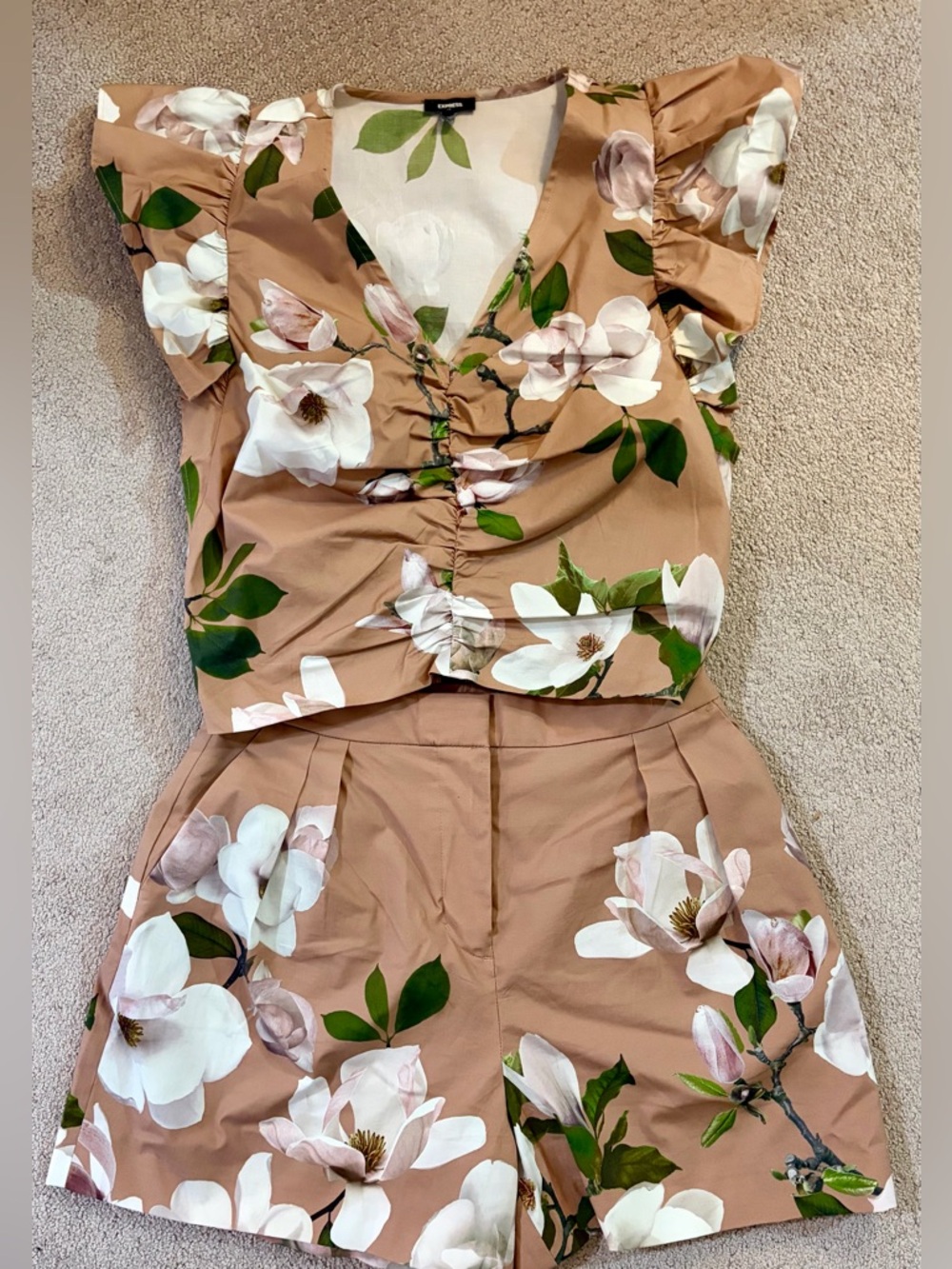 Express Floral Ruched V-Neck Top & Shorts Set